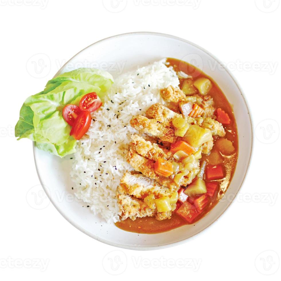 vue de dessus de riz au curry tonkatsu sur fond blanc photo