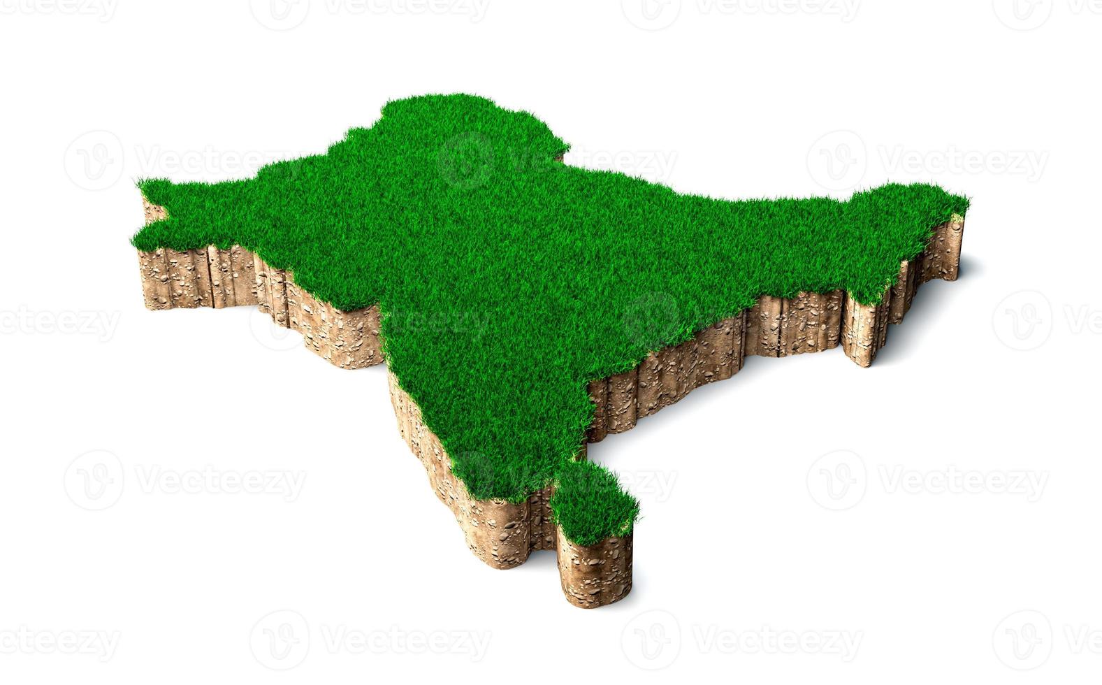 carte du sous-continent coupe transversale de la géologie des sols avec les pays de l'herbe verte l'inde, le pakistan, le népal, le bhoutan, le bangladesh, le sri lanka et les maldives. illustration 3d photo