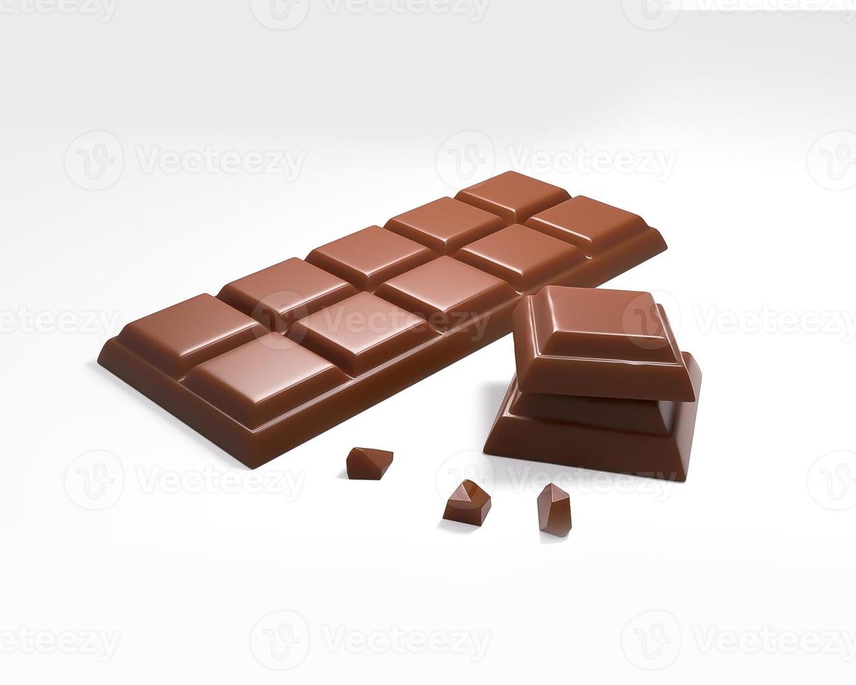 3d illustration de délicieux morceaux de chocolat et bar sur fond blanc photo