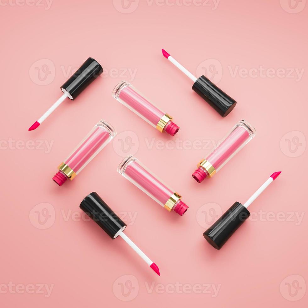 rouge à lèvres et baguette applicateur sur fond rose pastel. tube ouvert de rouge à lèvres liquide. produit cosmétique de maquillage. vue de dessus, illustration 3d à plat photo