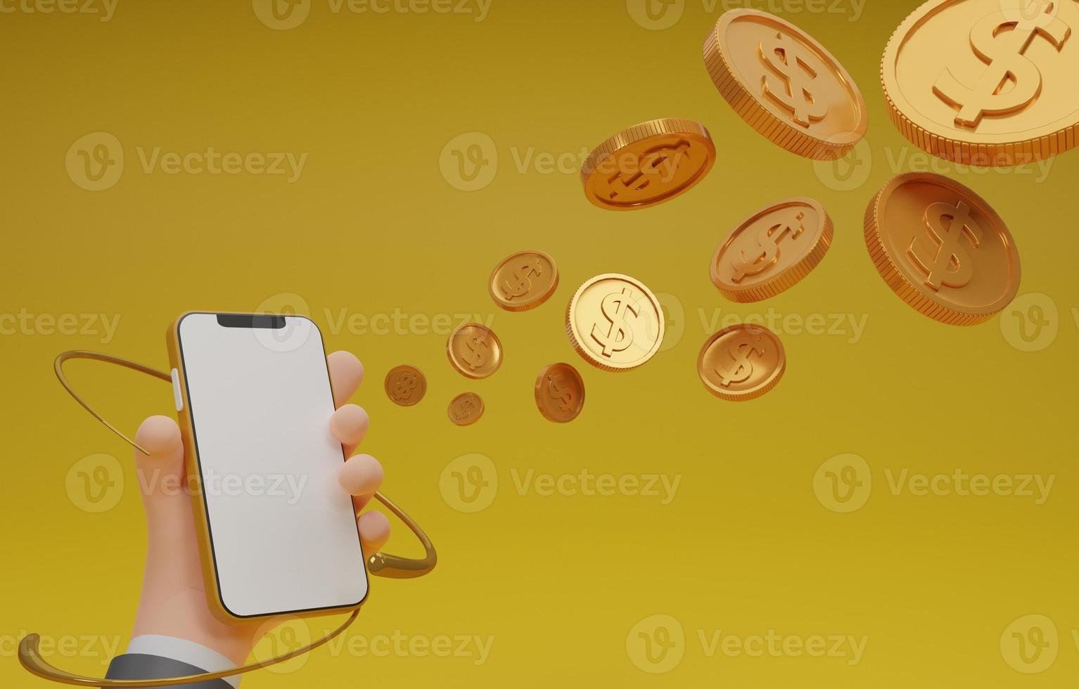 main d'entreprise détenant un smartphone avec écran vierge et pièce d'or volante, transfert de crypto-monnaie, paiement via un smartphone, banque de téléphonie mobile, portefeuille, arrière-plan isolé.rendu 3d. photo