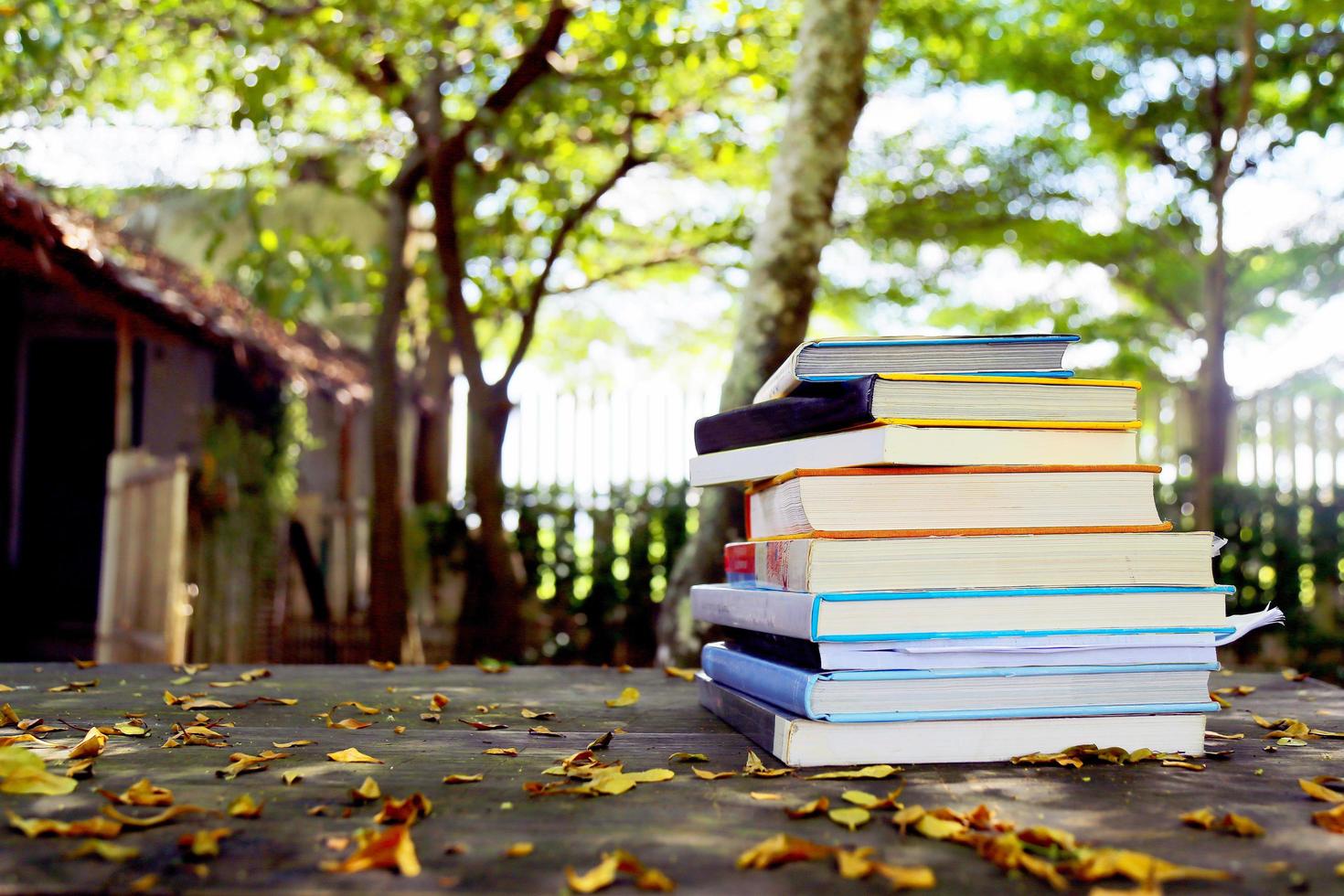 livres sur table en bois au parc en automne. photo