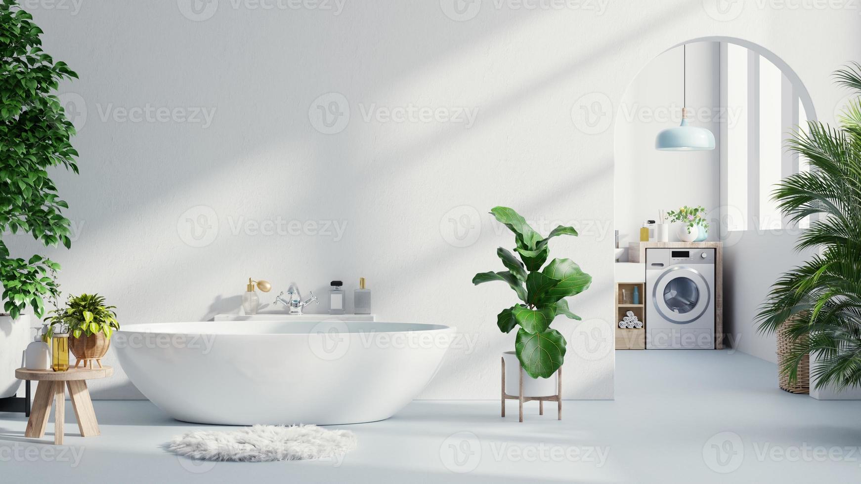 intérieur de la salle de bain en chambre blanche avec baignoire et machine à laver sur mur blanc. photo