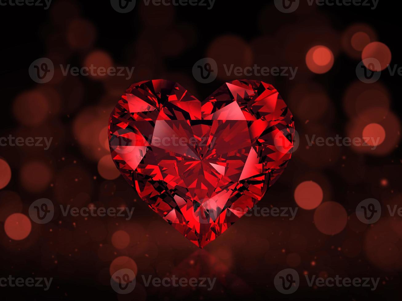 diamant en forme de coeur rouge sur fond rouge bokeh abstrait. rendu 3D photo