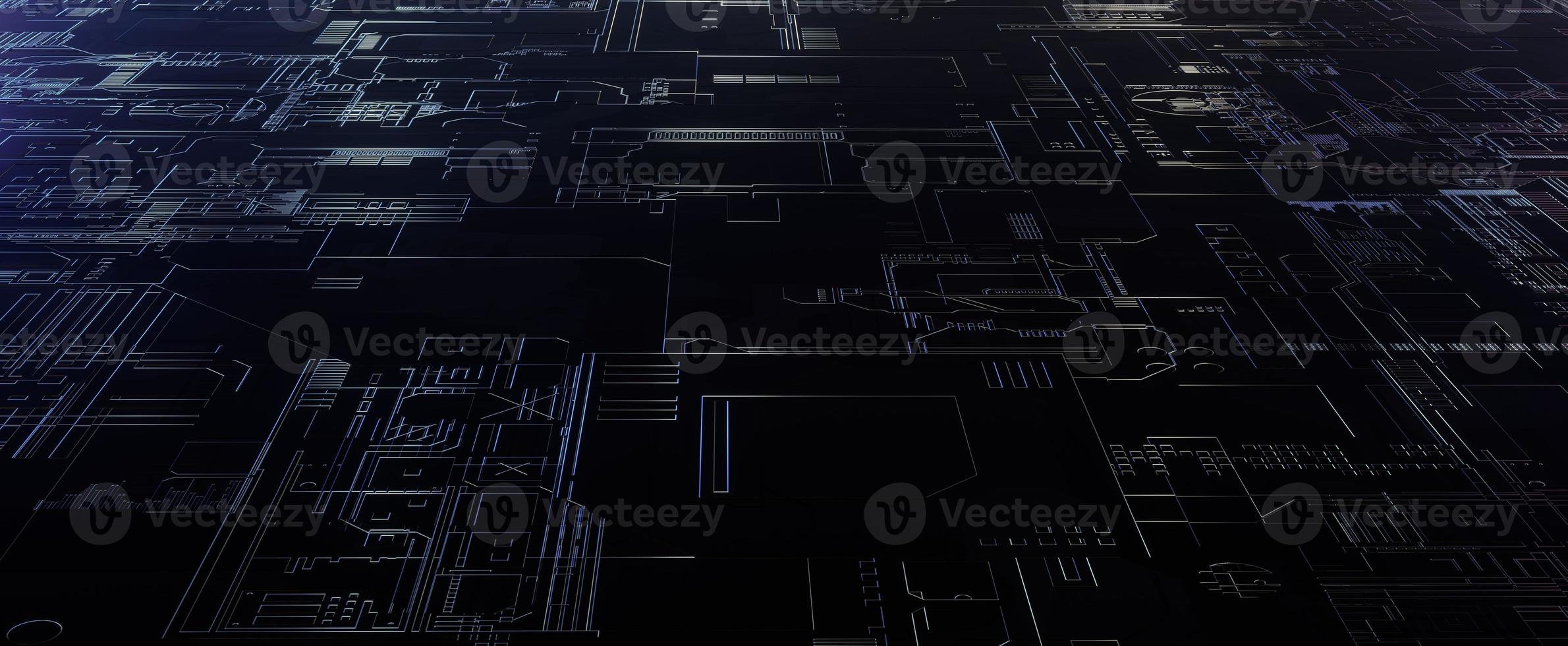 lignes de circuit électronique sombres avec lumière. dessin numérique de la carte mère et des puces à partir du rendu 3d avec connexions de câblage. textures techniques futuristes avec barrettes de connexion processeur photo