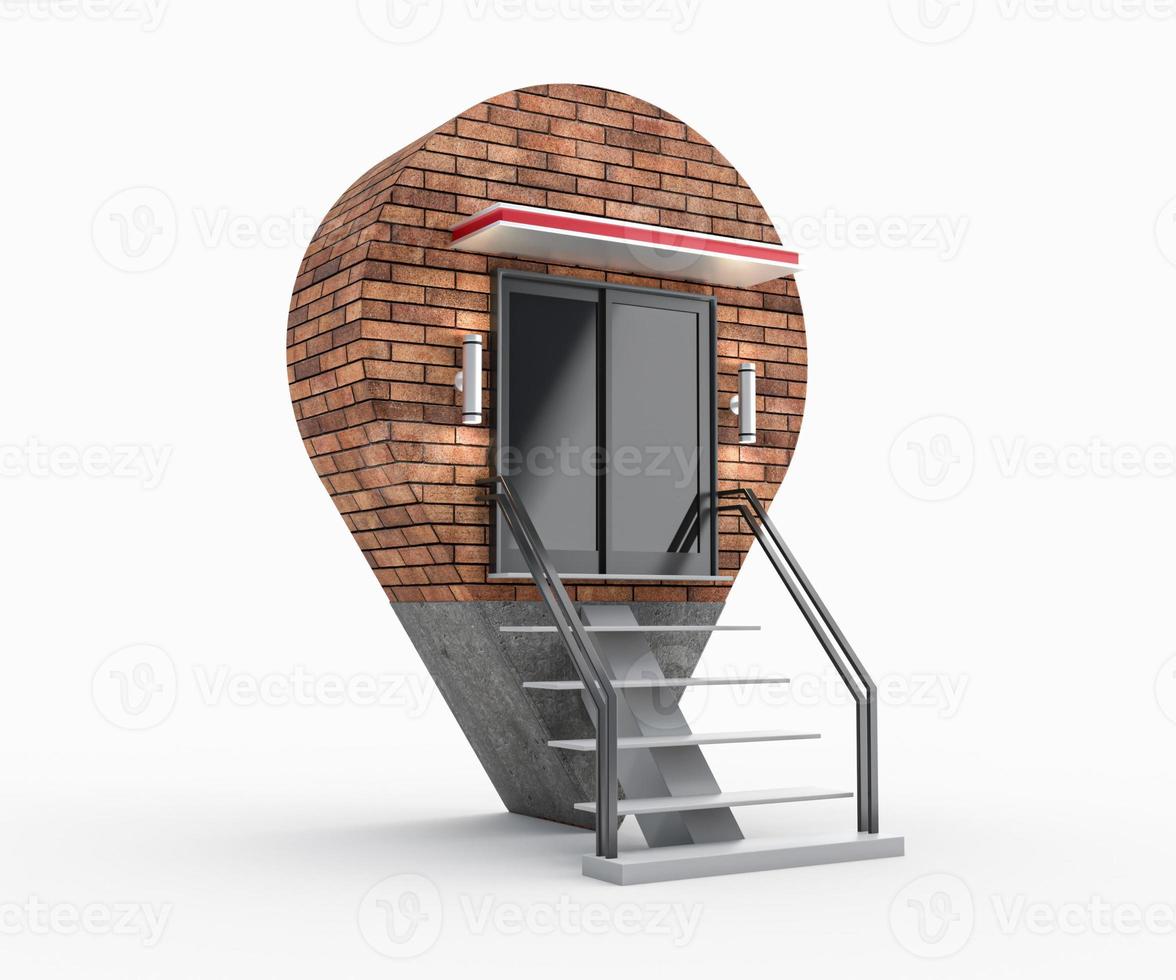 nouveau localisateur de broches de navigateur d'emplacement. mur de brique béton escalier métallique espace vide signe de géolocalisation isolé sur fond blanc. boulangerie pizzeria, marché, magasin d'usine illustration 3d photo