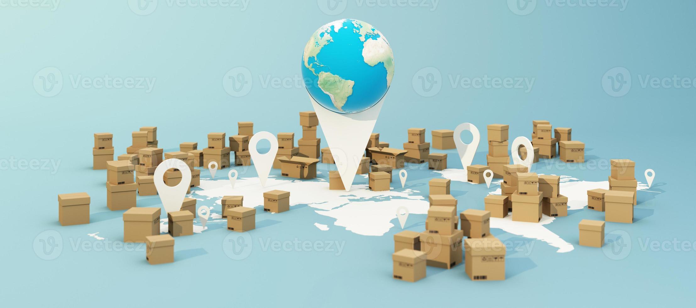 la carte du monde de la terre entourée de boîtes en carton, d'un porte-conteneurs, d'un avion volant, d'une voiture, d'une camionnette et d'un camion avec localisation gps sur fond bleu vue isométrique de rendu 3d photo