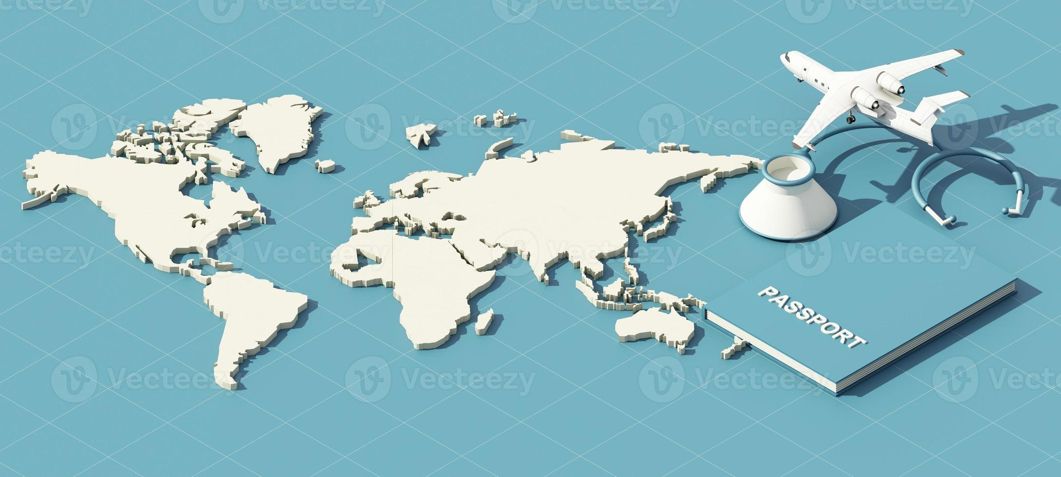 la lettre d'assurance brille sur le cube, bleu et jaune. placés sur la carte du monde et modèles de personnages de dessins animés familiaux et d'avions dans le concept d'assurance voyage, de voyage et de protection. rendu 3D photo