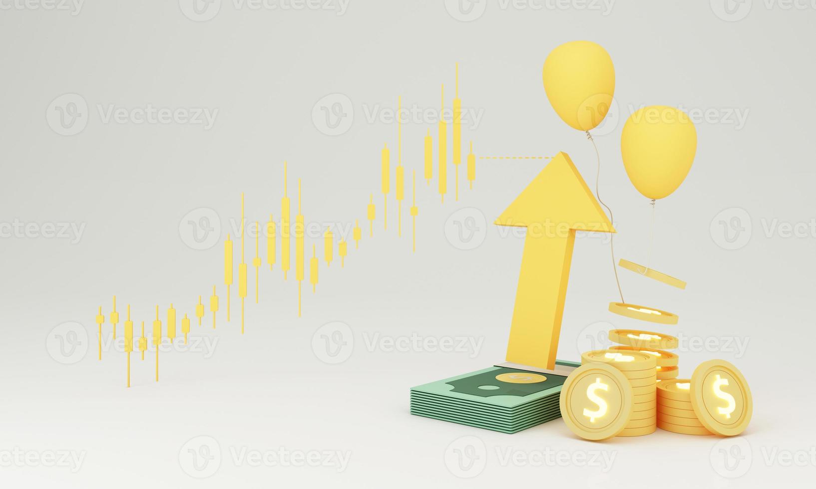 panier avec flèche rouge vers le haut entourée de boîtes en carton et de graphiques boursiers à l'arrière qui augmentent constamment dans le concept d'inflation. sur un fond noir rendu 3d photo