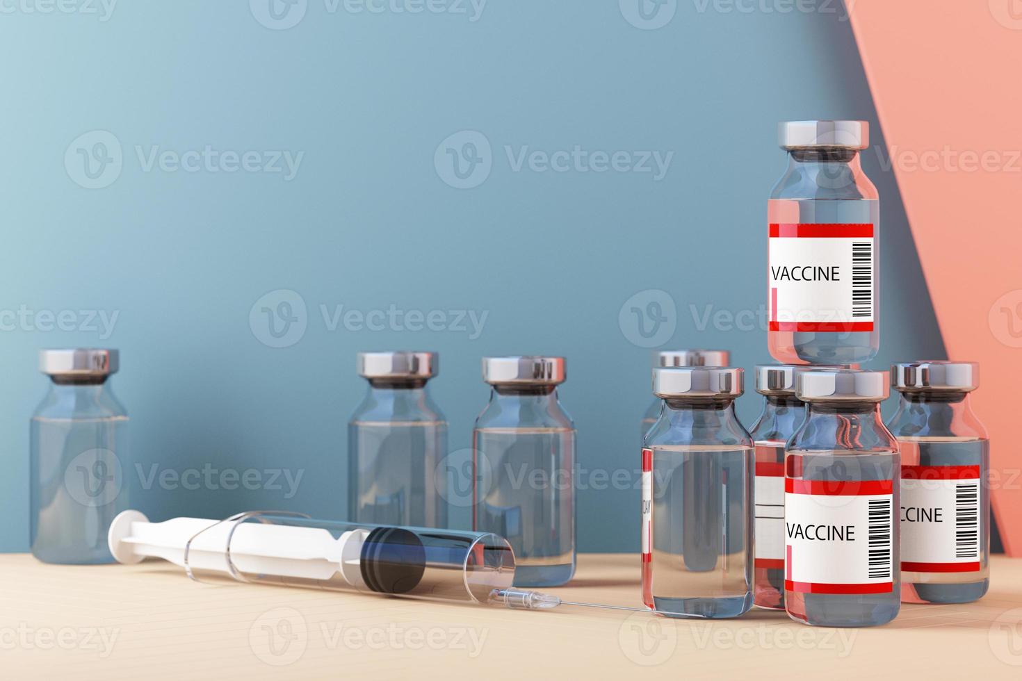 petite bouteille de vaccin pour l'injection de vaccin contre le coronavirus avec une seringue médicale sur fond de couleur pastel et rendu 3d de forme géométrique photo