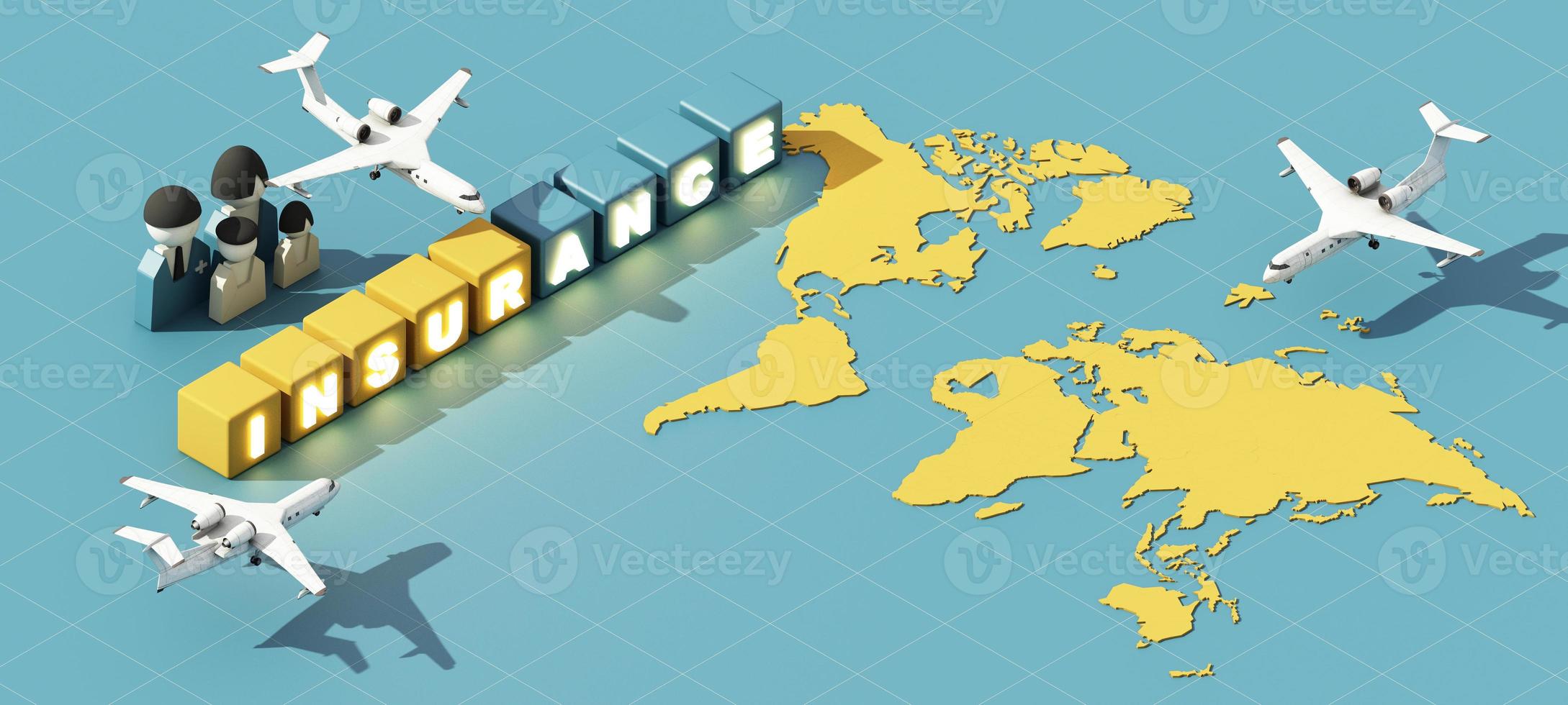 la lettre d'assurance brille sur le cube, bleu et jaune. placés sur la carte du monde et modèles de personnages de dessins animés familiaux et d'avions dans le concept d'assurance voyage, de voyage et de protection. rendu 3D photo