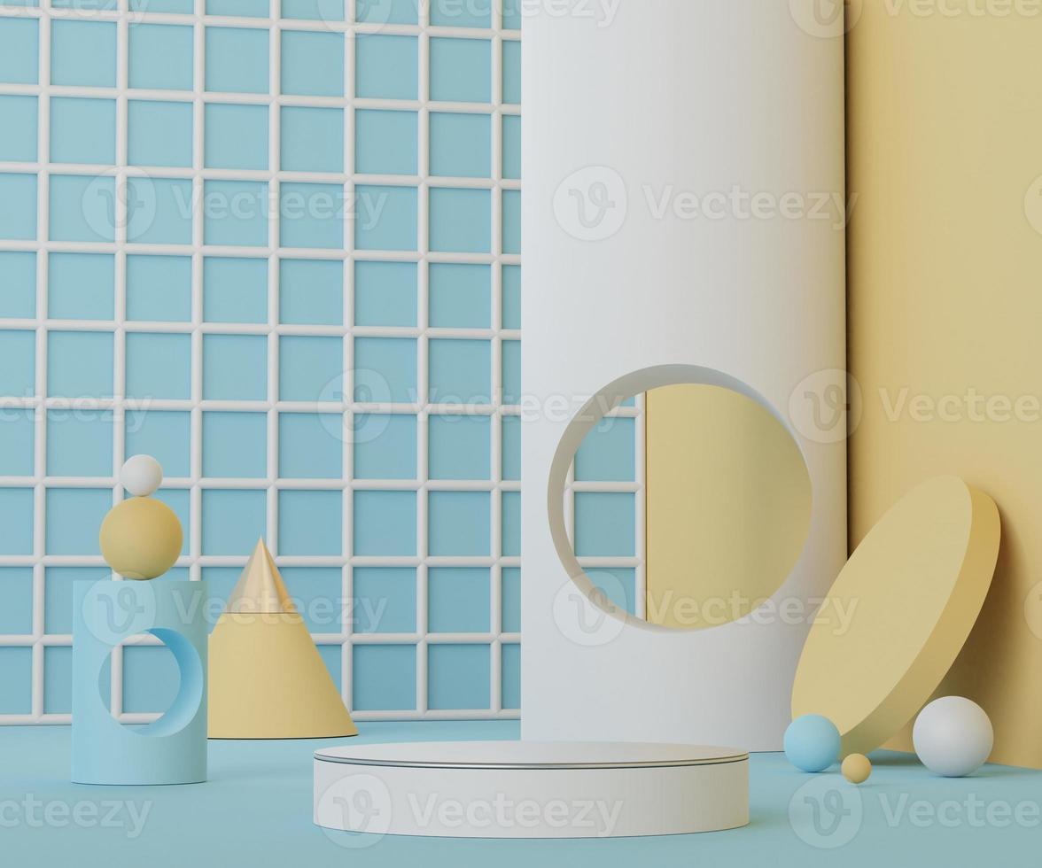 Rendu abstrait 3d scène minimale de podium de couleur bleu pastel jaune et rose pour les produits d'affichage et la publicité avec un fond propre photo