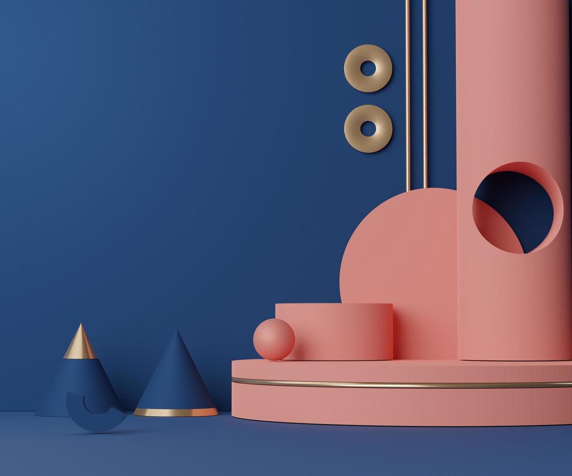 rendu abstrait 3d scène minimale du podium classique de couleur corail bleu et rose pour les produits d'affichage et la publicité avec un fond propre. photo