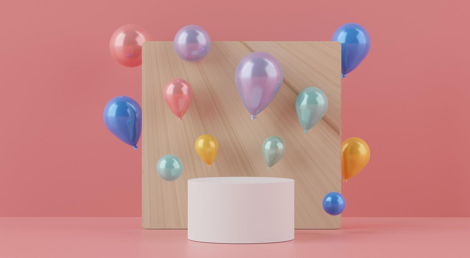 Arrière-plan abstrait 3d de l'affichage du podium vide pour les produits et la présentation cosmétique et la maquette. piédestal ou vitrine en corail rose avec des ballons et des formes géométriques minimales. scène colorée. photo