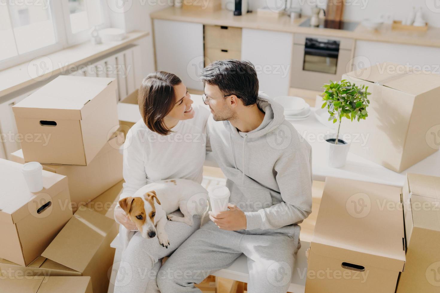 un couple souriant exprime de bons sentiments romantiques l'un à l'autre, vient d'arriver dans une nouvelle maison, pose autour de récipients en carton, boit du café à emporter, meubles de cuisine en arrière-plan, chien sur les mains de la femme photo