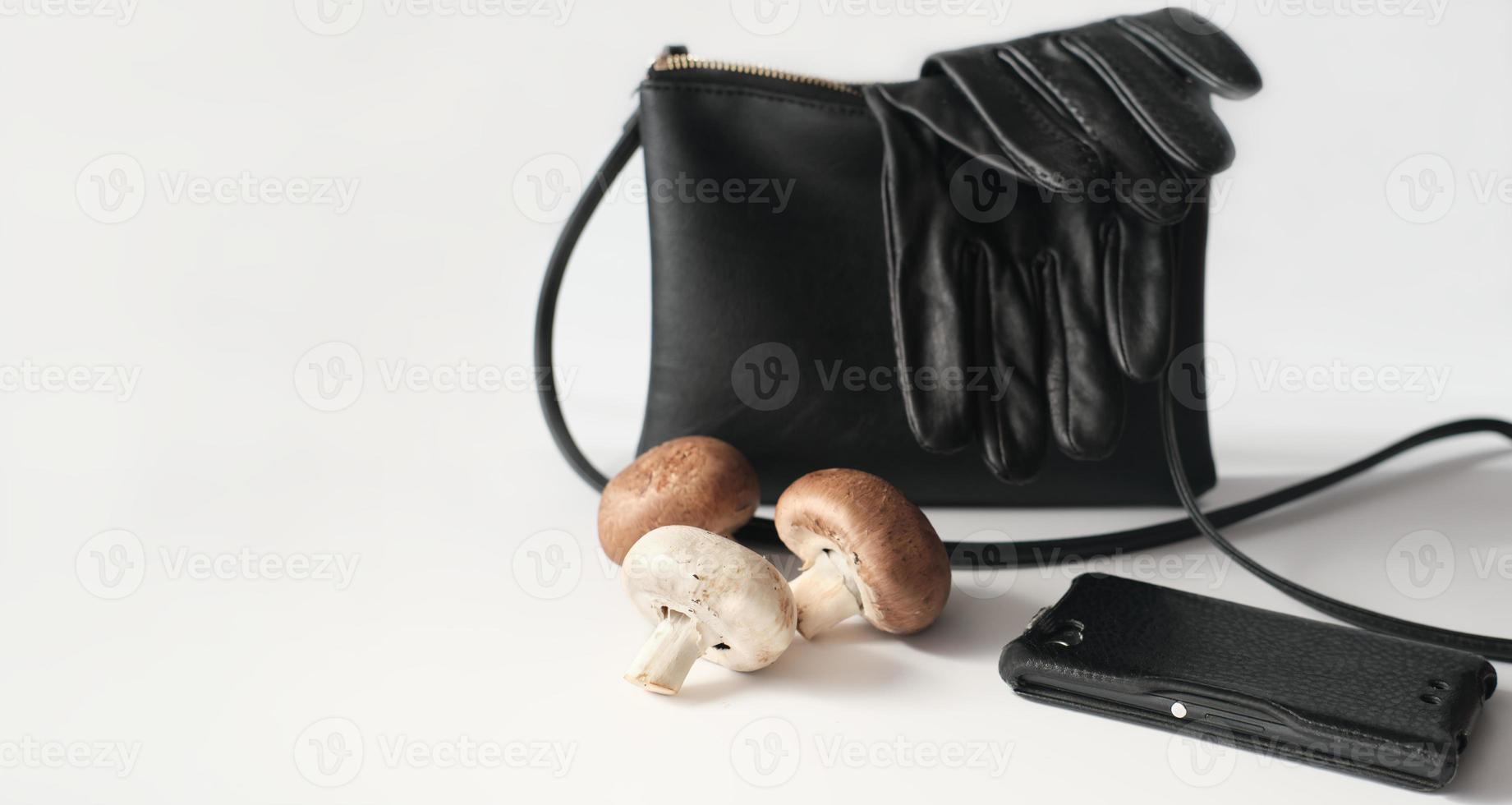 sac, gants et étui pour téléphone en cuir de mycélium. cuir alternatif végétalien. textile en fibre de champignon comme matériau écologique innovant pour les vêtements et les accessoires photo