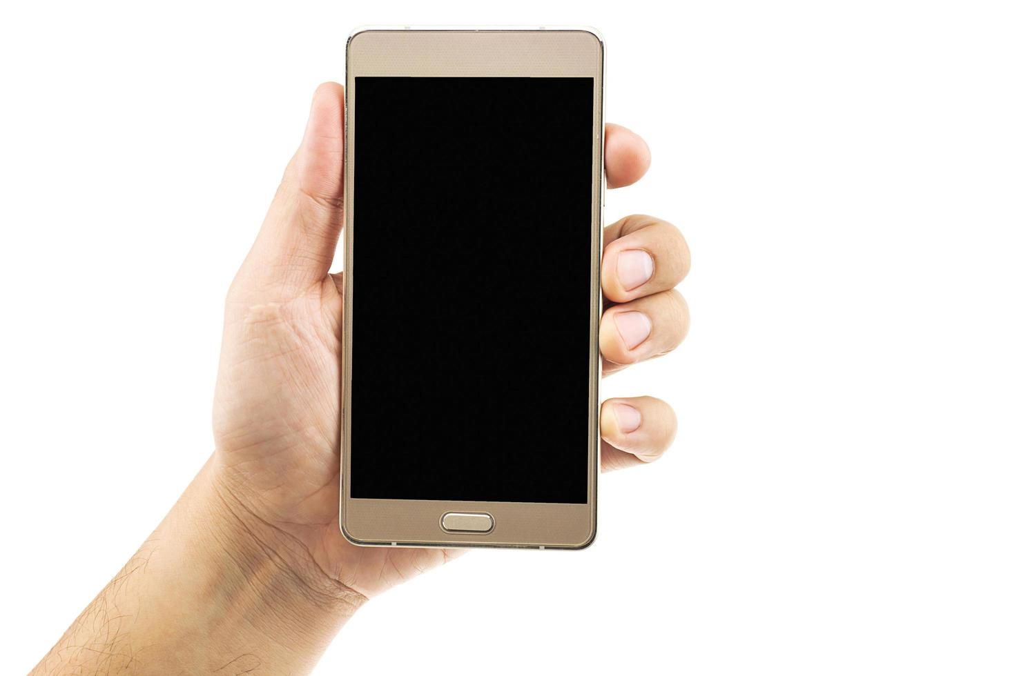 mains mâles isolées tenant et appuyant sur le bouton d'accueil du téléphone mobile intelligent à écran blanc blanc. photo