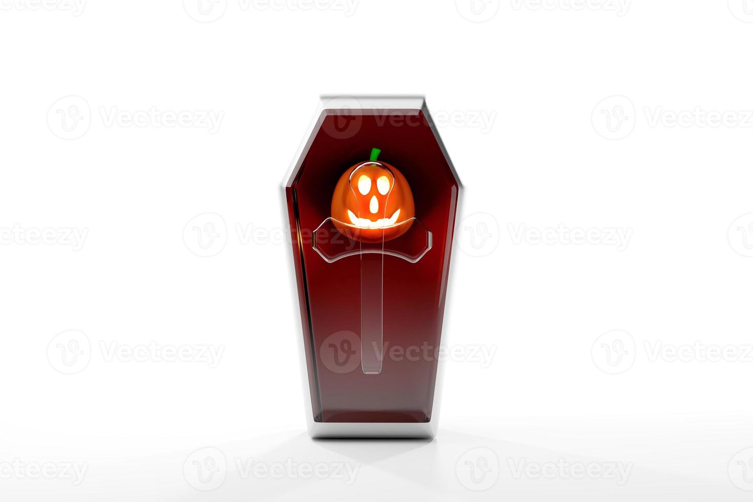 bougie allumée en citrouille avec cercueil en verre transparent pour joyeux halloween, concept illustration 3d ou rendu 3d photo