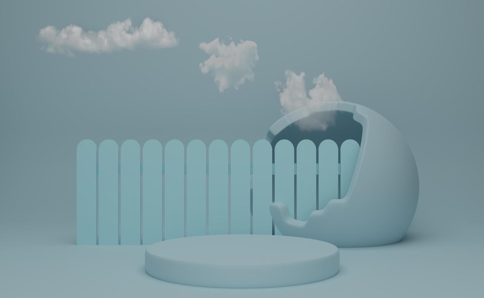 podium vide avec des formes géométriques et des nuages dans une composition pastel bleu ciel pour un affichage sur scène moderne et une maquette minimaliste, arrière-plan abstrait de vitrine, illustration 3d de concept ou rendu 3d photo