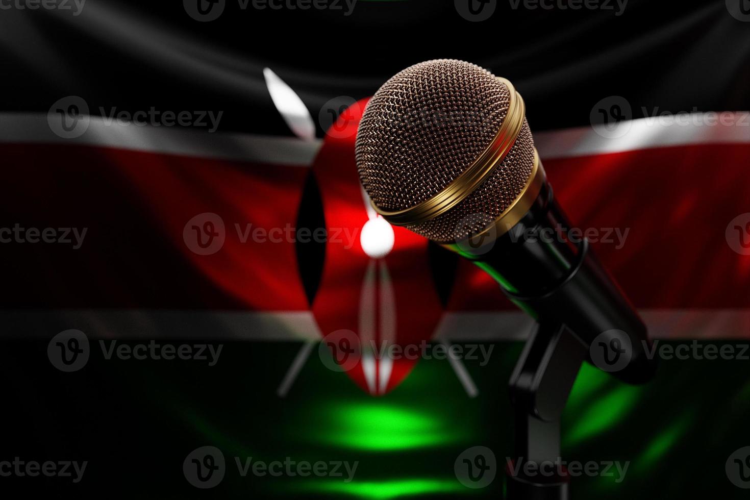 microphone sur le fond du drapeau national du kenya, illustration 3d réaliste. prix de musique, karaoké, équipement de sonorisation de studio de radio et d'enregistrement photo