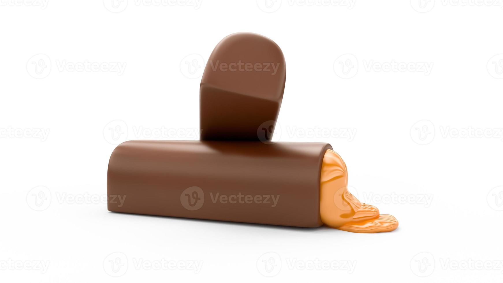 barre de chocolat avec fondant au caramel sucré, barre de chocolat cassée avec illustration 3d de garniture au caramel photo