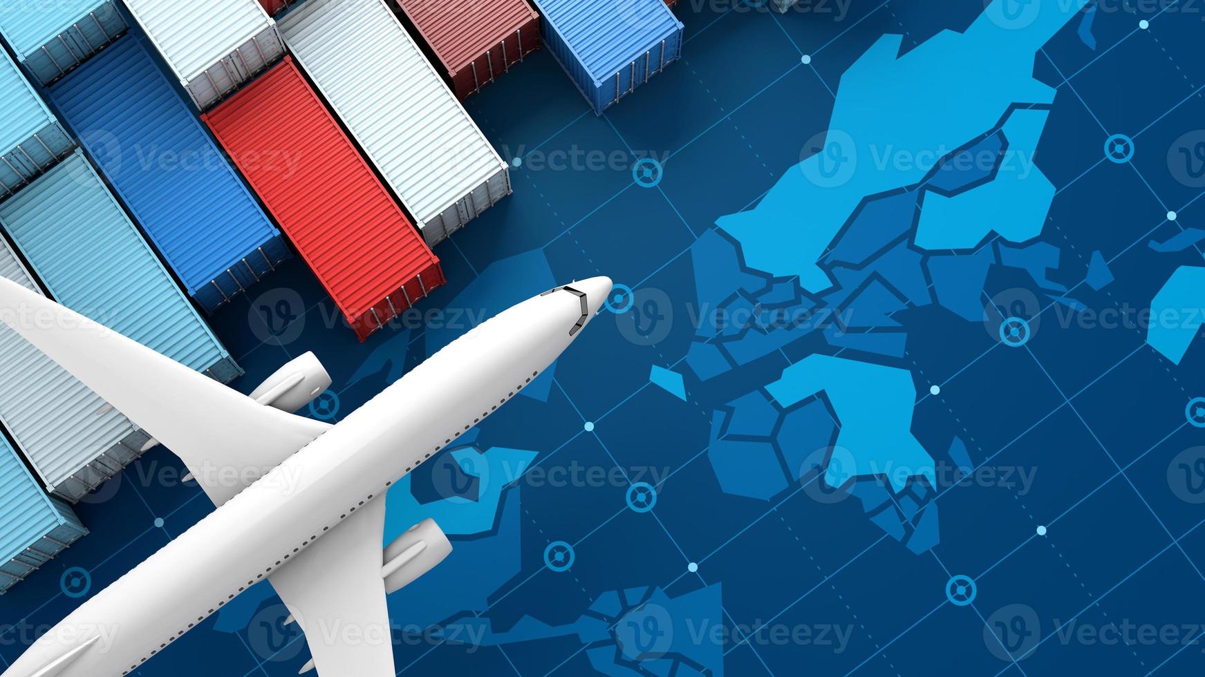 cargo porte-conteneurs et avion dans l'import-export sur la carte du monde numérique, rendu 3d photo