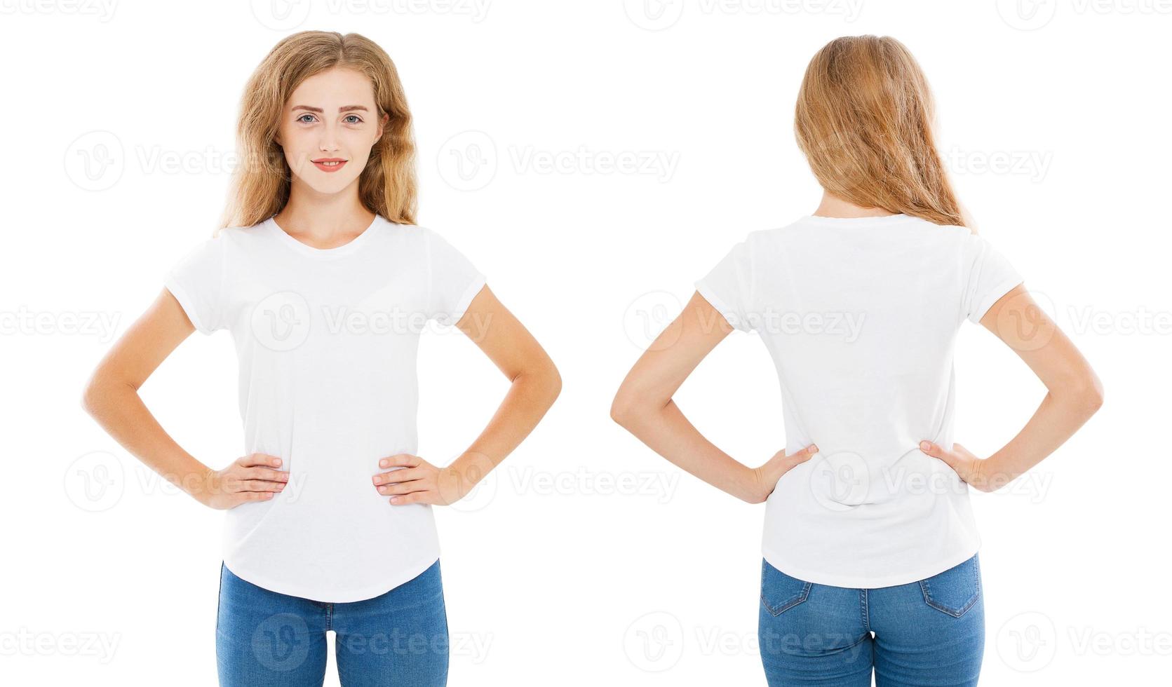 design de t-shirt et concept de personnes - ensemble femme caucasienne en t-shirt blanc isolé sur fond blanc, chemise avant et arrière photo