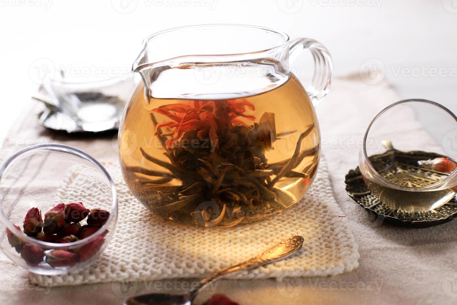 théière et tasse en verre avec fleur de thé en fleurs à l'intérieur 8585728  Photo de stock chez Vecteezy