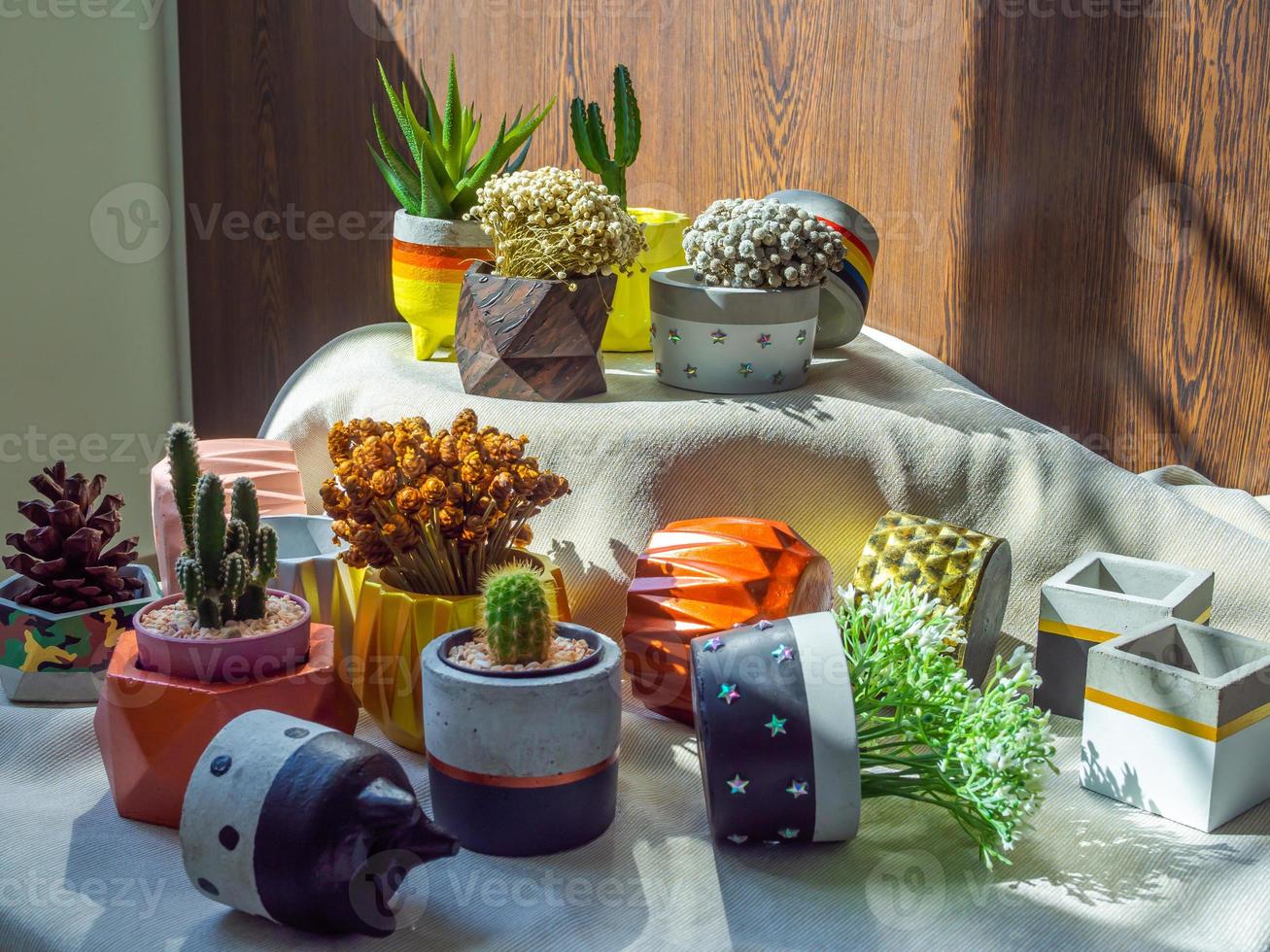 diverses fleurs et plantes de cactus avec de nombreuses jardinières géométriques en béton. pots en béton peints pour la décoration de la maison photo