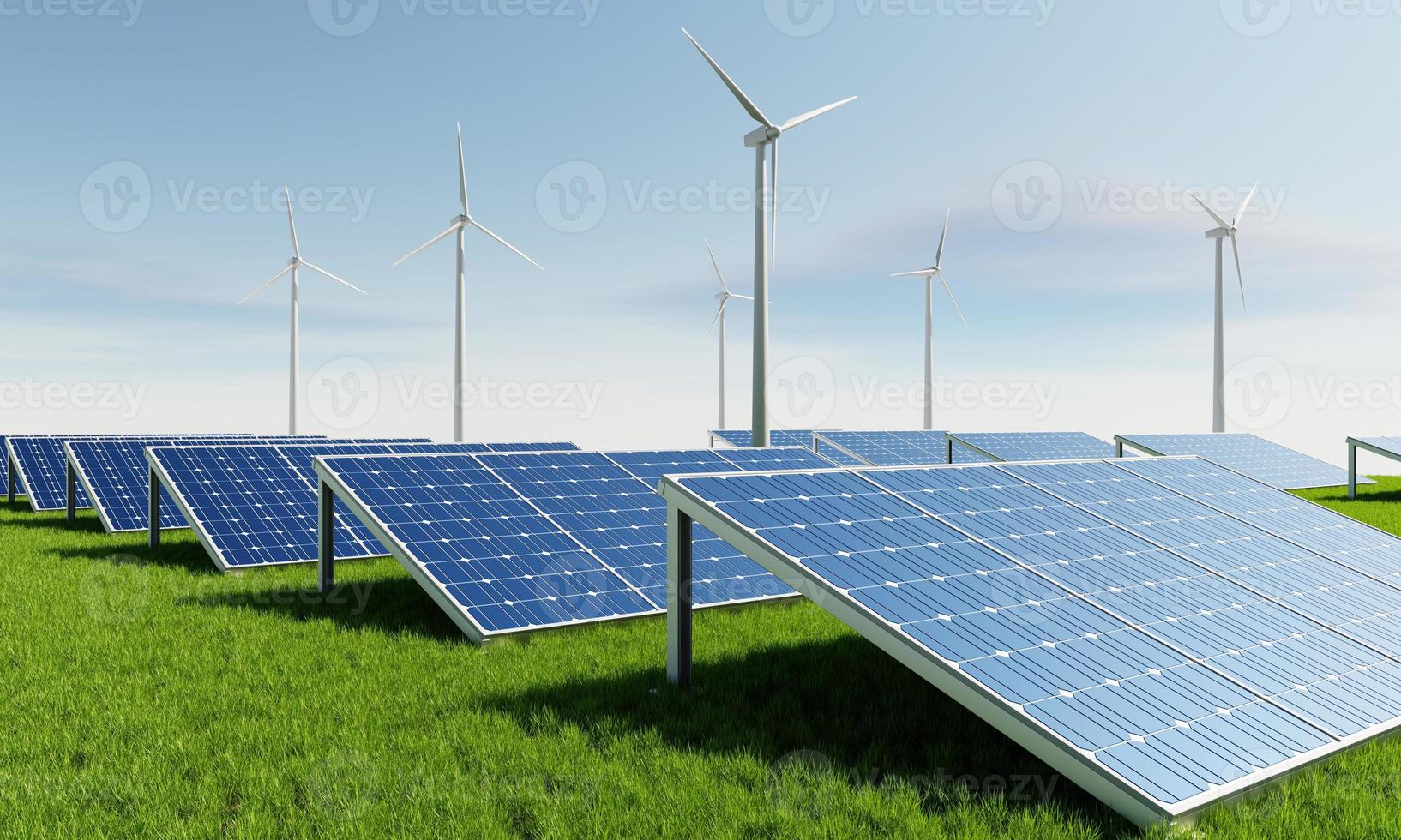 panneaux solaires avec éoliennes pour produire de l'énergie électrique avec fond de paysage de ciel. industrie et concept d'énergie renouvelable respectueux de l'environnement. rendu 3d photo