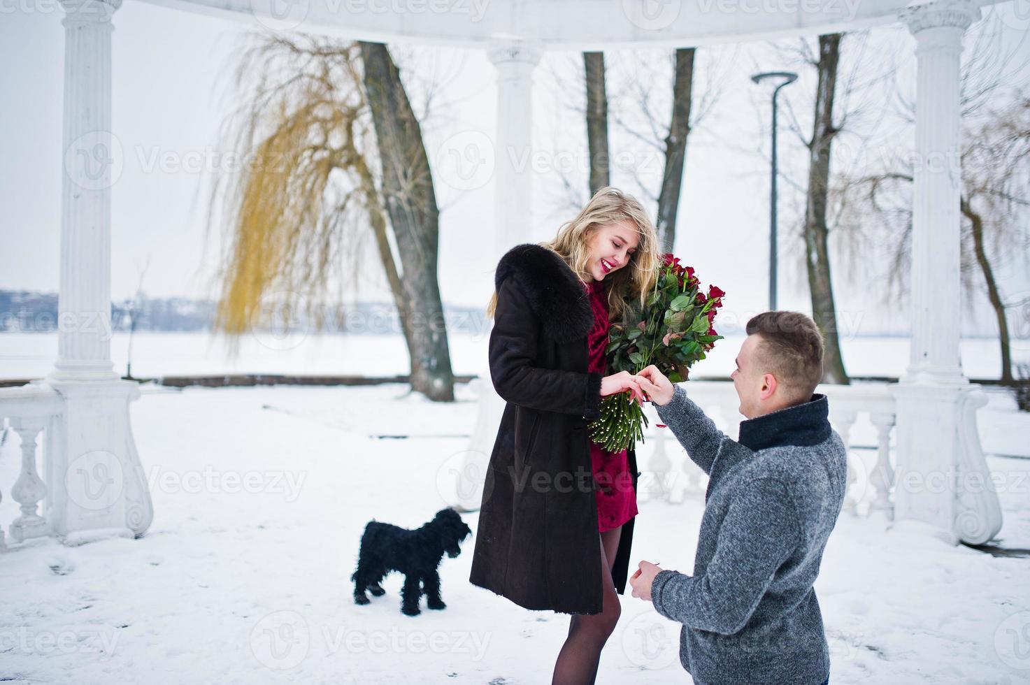 demande en mariage avec 101 roses au jour d'hiver. couple amoureux. photo