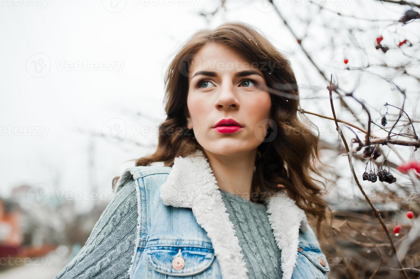 portrait de jeune fille brune en veste jeans à buissons gelés. photo