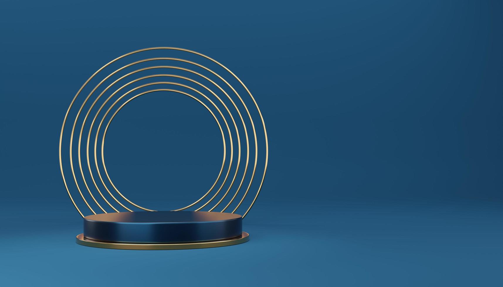 podium de cylindre bleu vide avec bordure dorée et cercle doré sur fond bleu. objet de forme géométrique 3d studio minimal abstrait. espace de maquette pour l'affichage de la conception du produit. rendu 3d. photo