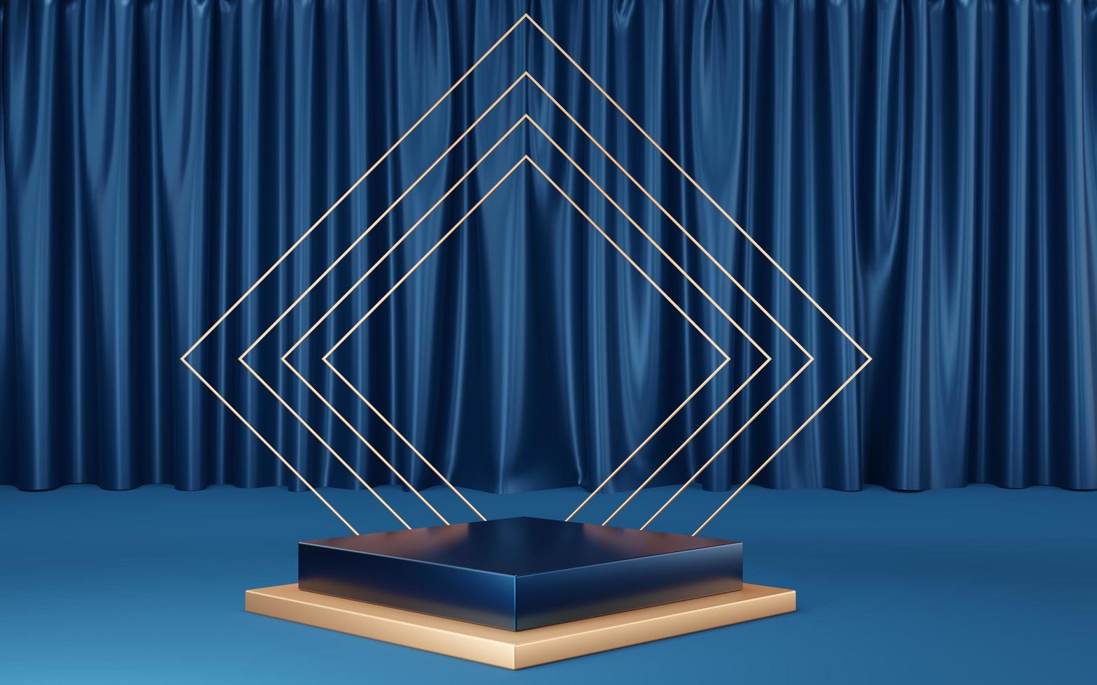 podium de cube bleu et or vide avec carré d'or sur fond bleu. objet de forme géométrique 3d studio minimal abstrait. espace de maquette pour l'affichage de la conception du produit. rendu 3d. photo