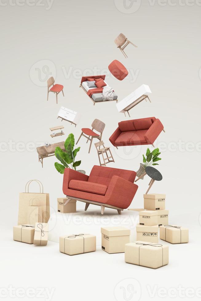 concept de design d'intérieur vente de décorations pour la maison et de meubles lors de promotions et de remises, il est entouré de lits, canapés, fauteuils et bannière d'espaces publicitaires. fond pastel. rendu 3D photo