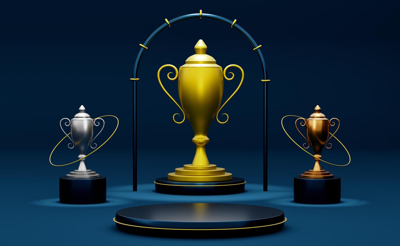 coupe ou trophées de champion d'or et podium avec des formes géométriques en composition bleue pour un affichage sur scène moderne et une maquette minimaliste, arrière-plan abstrait de vitrine, illustration 3d de concept ou rendu 3d photo