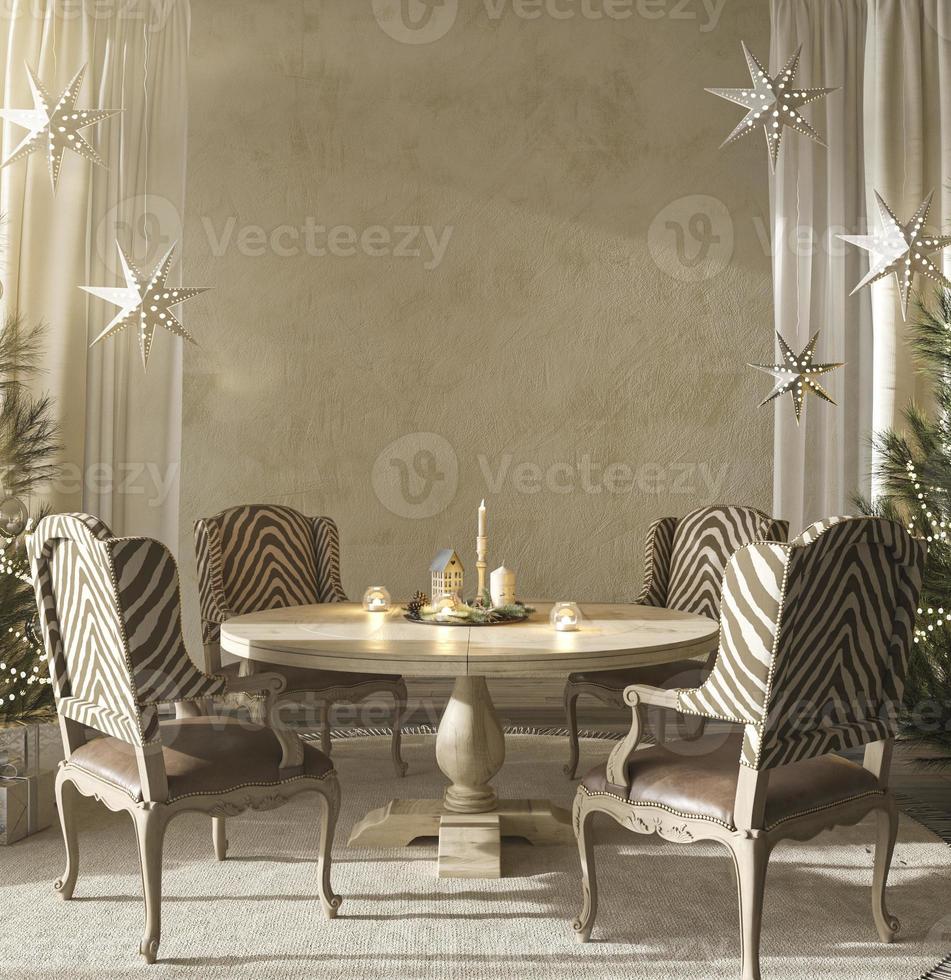 arbre de noël avec des jouets et des cadeaux décorer un intérieur moderne de style ferme scandinave. Illustration de rendu 3D salle à manger avec table. photo