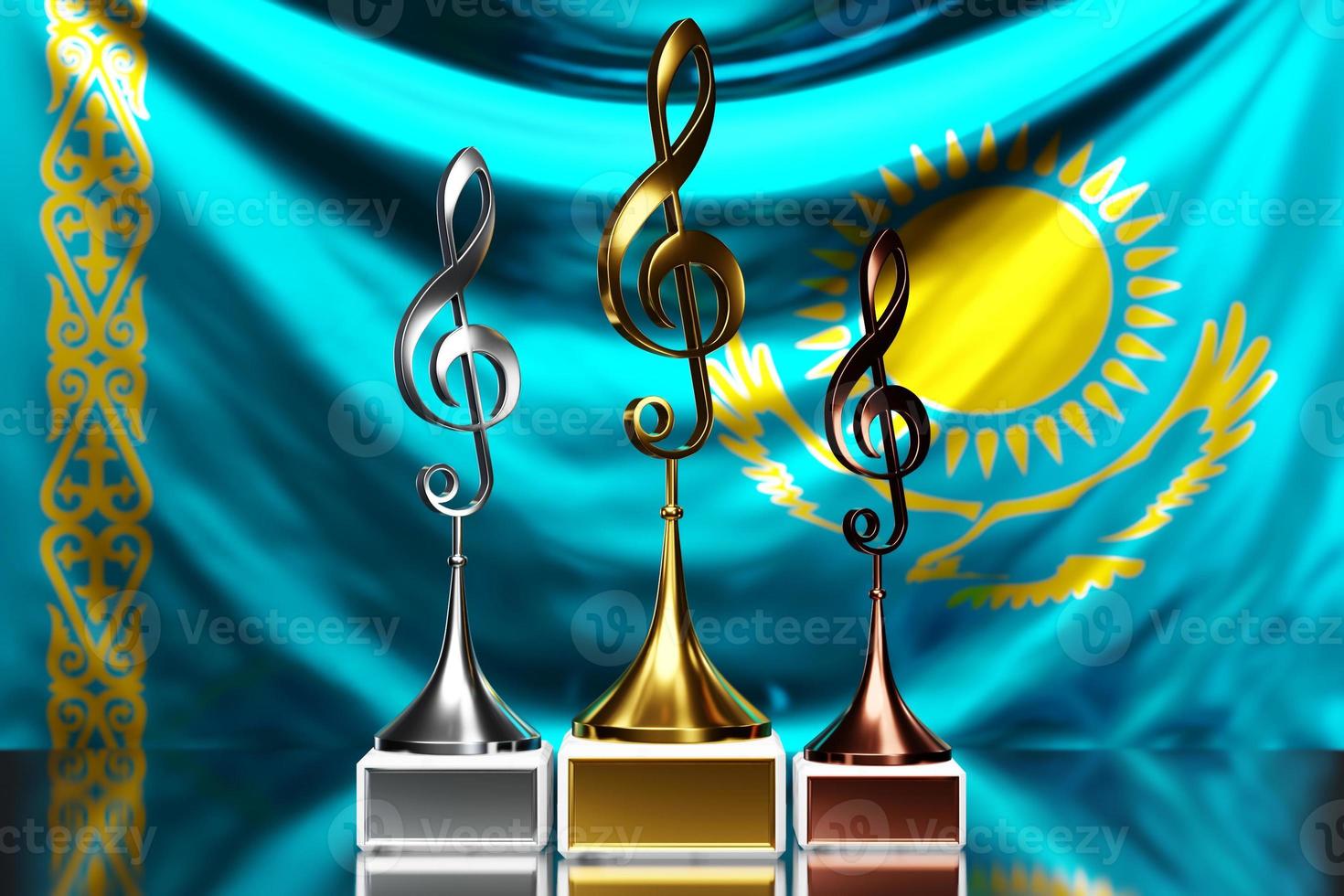 prix de la clé de sol pour avoir remporté le prix de la musique sur fond de drapeau national du kazakhstan, illustration 3d. photo