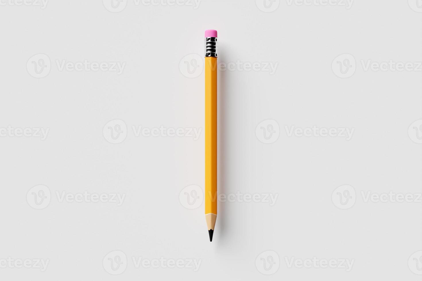 crayon jaune réaliste pointé avec un élastique rose sur fond blanc, illustration 3d photo