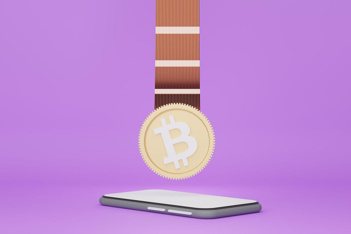 Rendu 3d de bitcoin qui se connecte à un autre réseau avec un smartphone. concept de connexion au système blockchain. photo