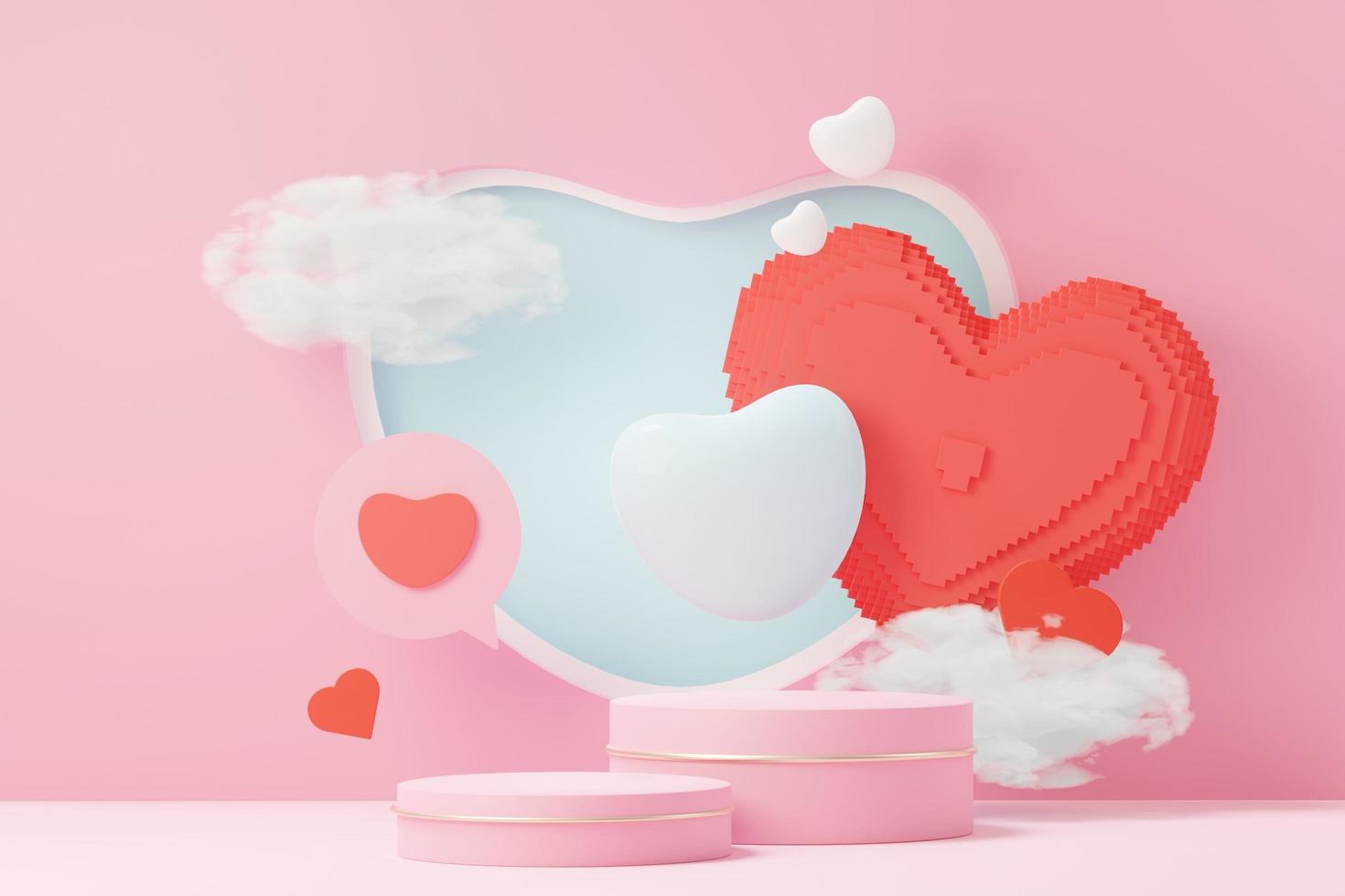 rendu 3d scène douce minimale avec podium d'affichage pour la maquette et la présentation de la marque de produit. socle rose pour le thème de la saint valentin. joli fond de coeur mignon. style de conception de la journée d'amour. photo