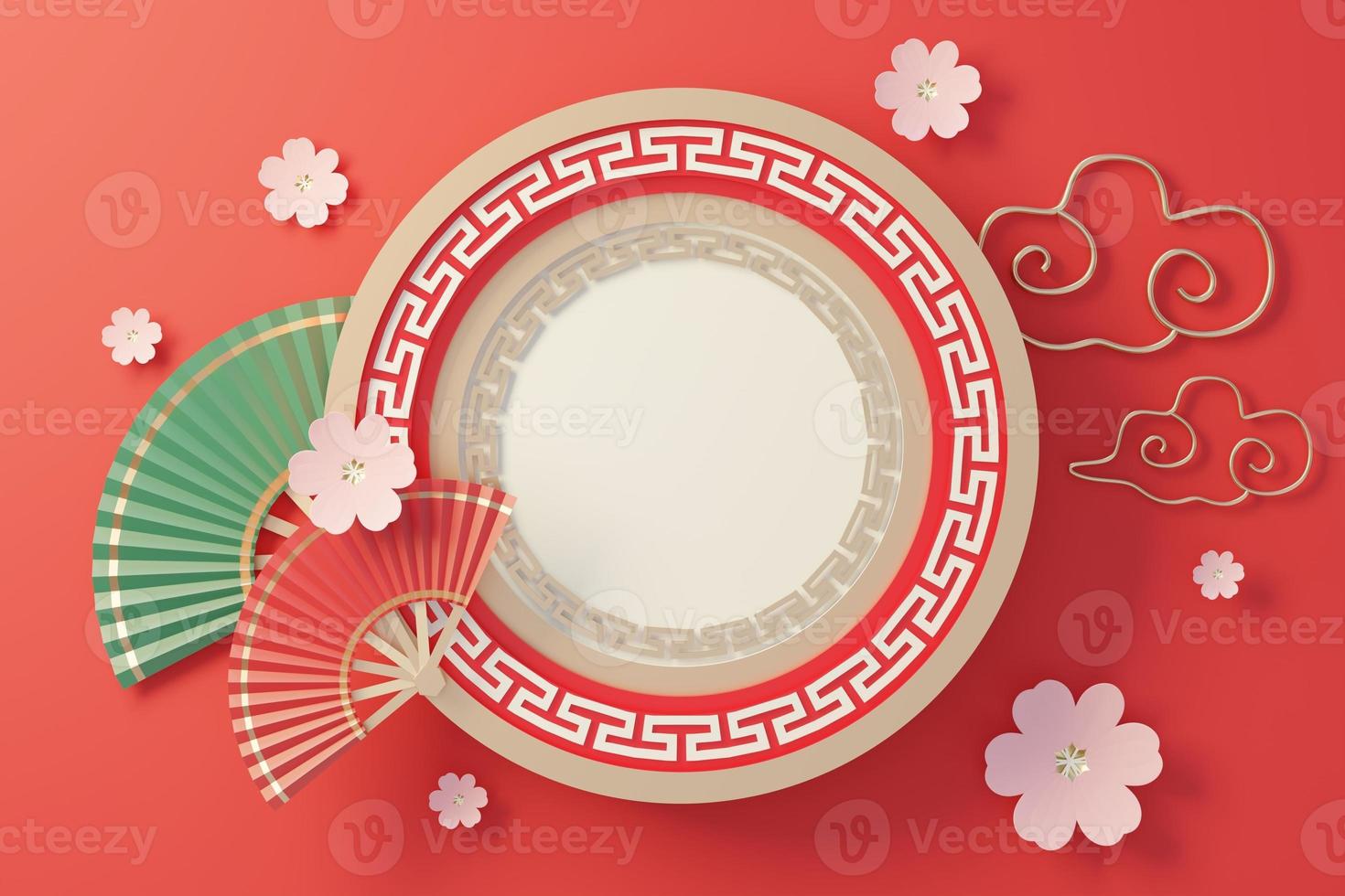 Vue de dessus de rendu 3d du cadre de cylindre blanc vierge pour la maquette et les produits d'affichage avec un arrière-plan traditionnel chinois. photo