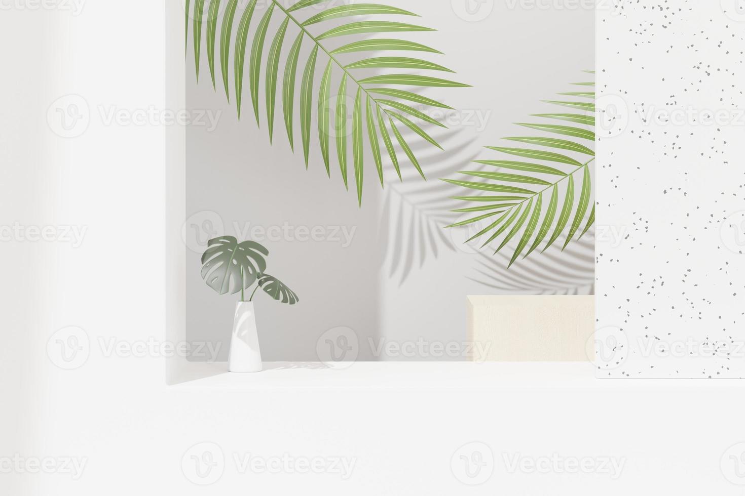 rendu 3d de l'affichage abstrait du podium du piédestal avec des feuilles de monstère tropicale. concept de produit et de promotion pour la publicité. fond naturel vert. photo