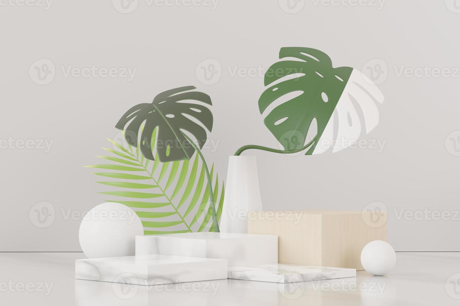 rendu 3d de l'affichage abstrait du podium du piédestal avec des feuilles de monstère tropicale. concept de produit et de promotion pour la publicité. fond naturel vert. photo