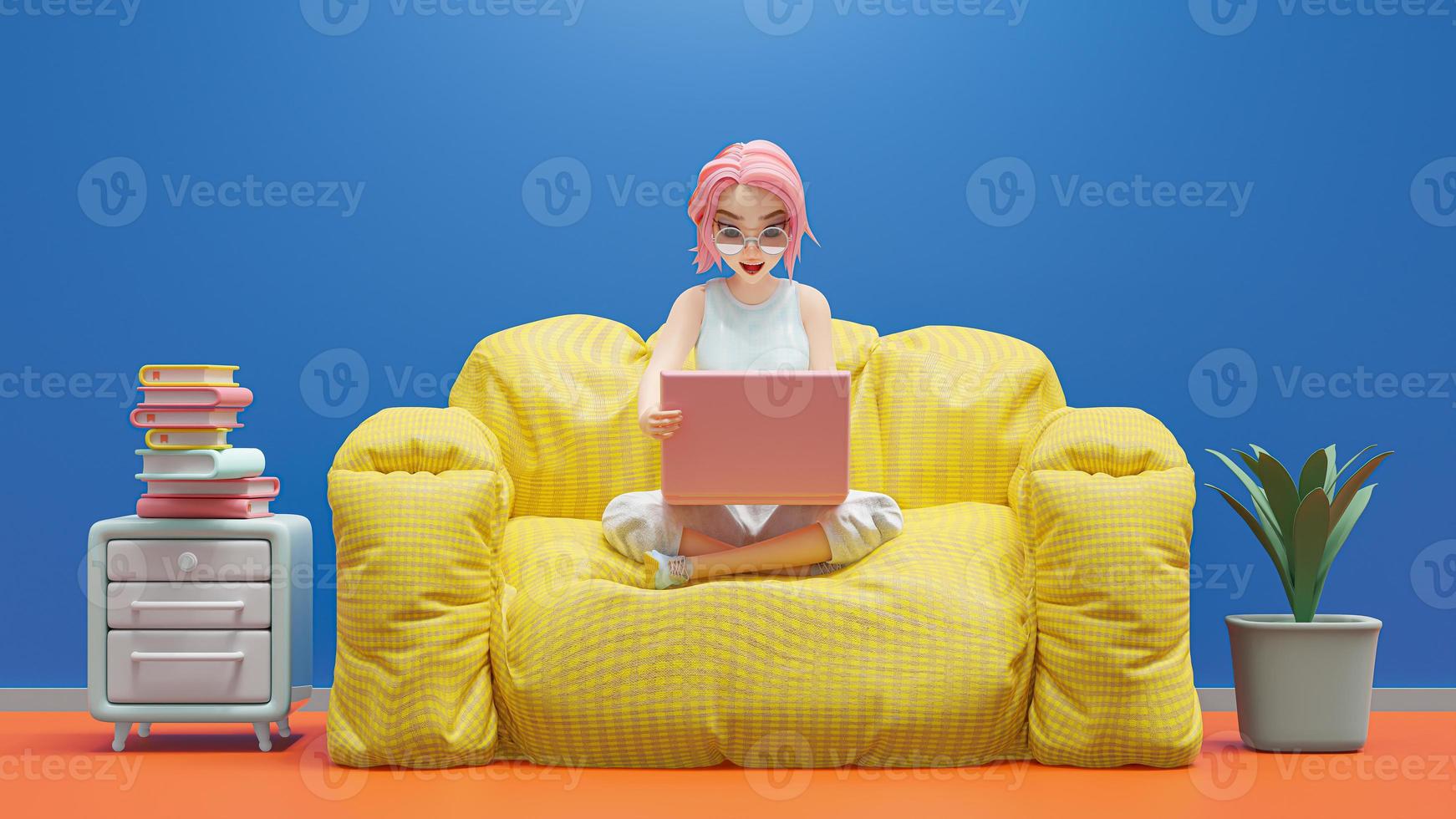 heureuse jeune femme assise sur un canapé jaune. excité d'étudier l'apprentissage et la recherche d'informations à partir d'un ordinateur. photo