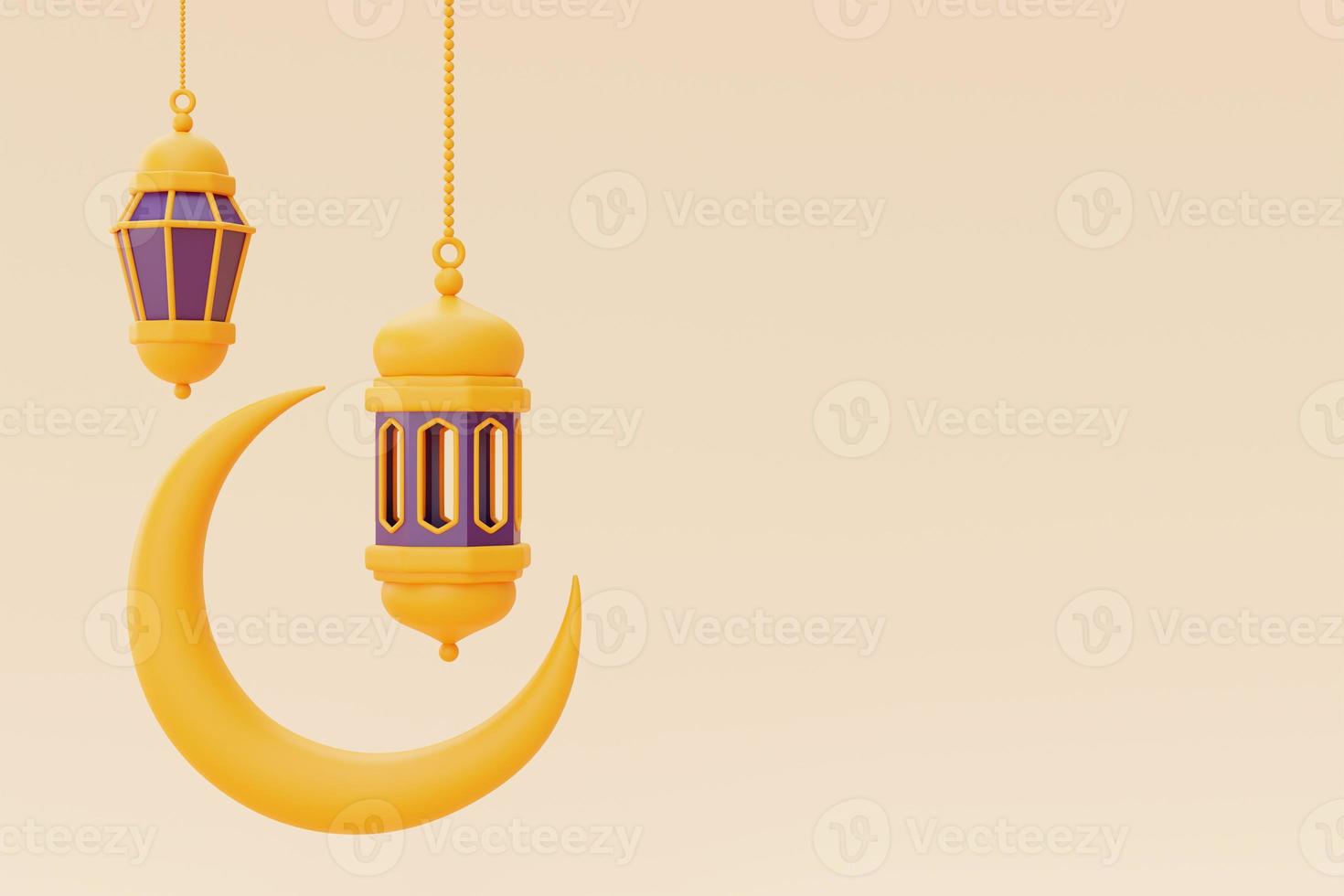 salutations de ramadan 3d avec lanterne et croissant de lune, vacances islamiques, raya hari, eid al adha, rendu 3d. photo