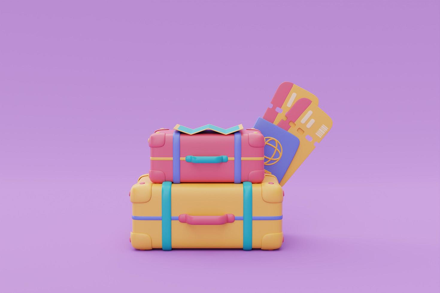 valise colorée avec passeport et billets, tourisme et plan de voyage au concept de voyage, vacances, heure d'été, rendu 3d photo