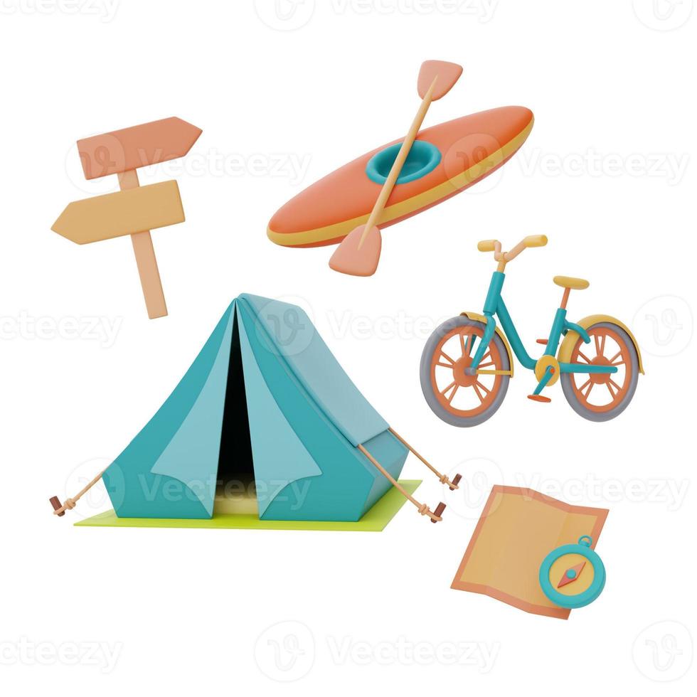 tente de camping avec kayak, vélo, panneau, carte et boussole, concept d'activités de camping, concept de camp d'été, rendu 3d. photo