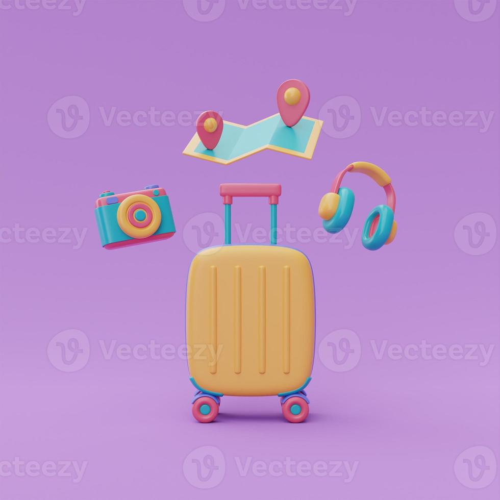 tourisme et plan de voyage pour voyager avec valise, appareil photo, casque et carte, vacances, rendu 3d photo