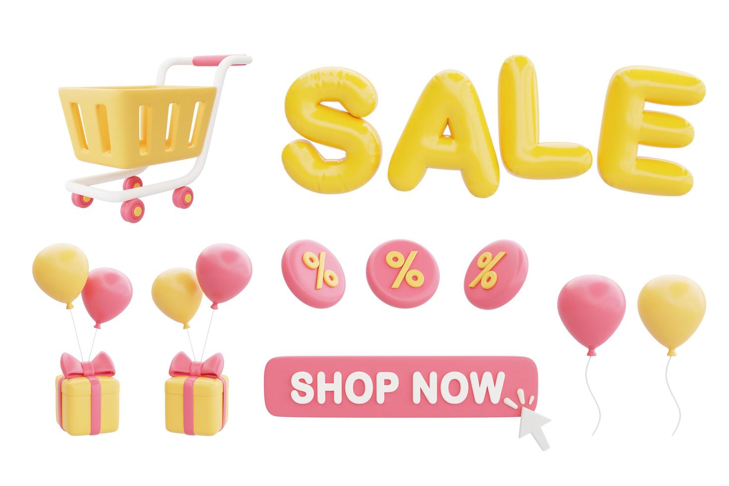 grande remise et collection d'objets de concept de promotion de vente avec panier d'achat, mot de vente, ballons et coffrets cadeaux, rendu 3d. photo